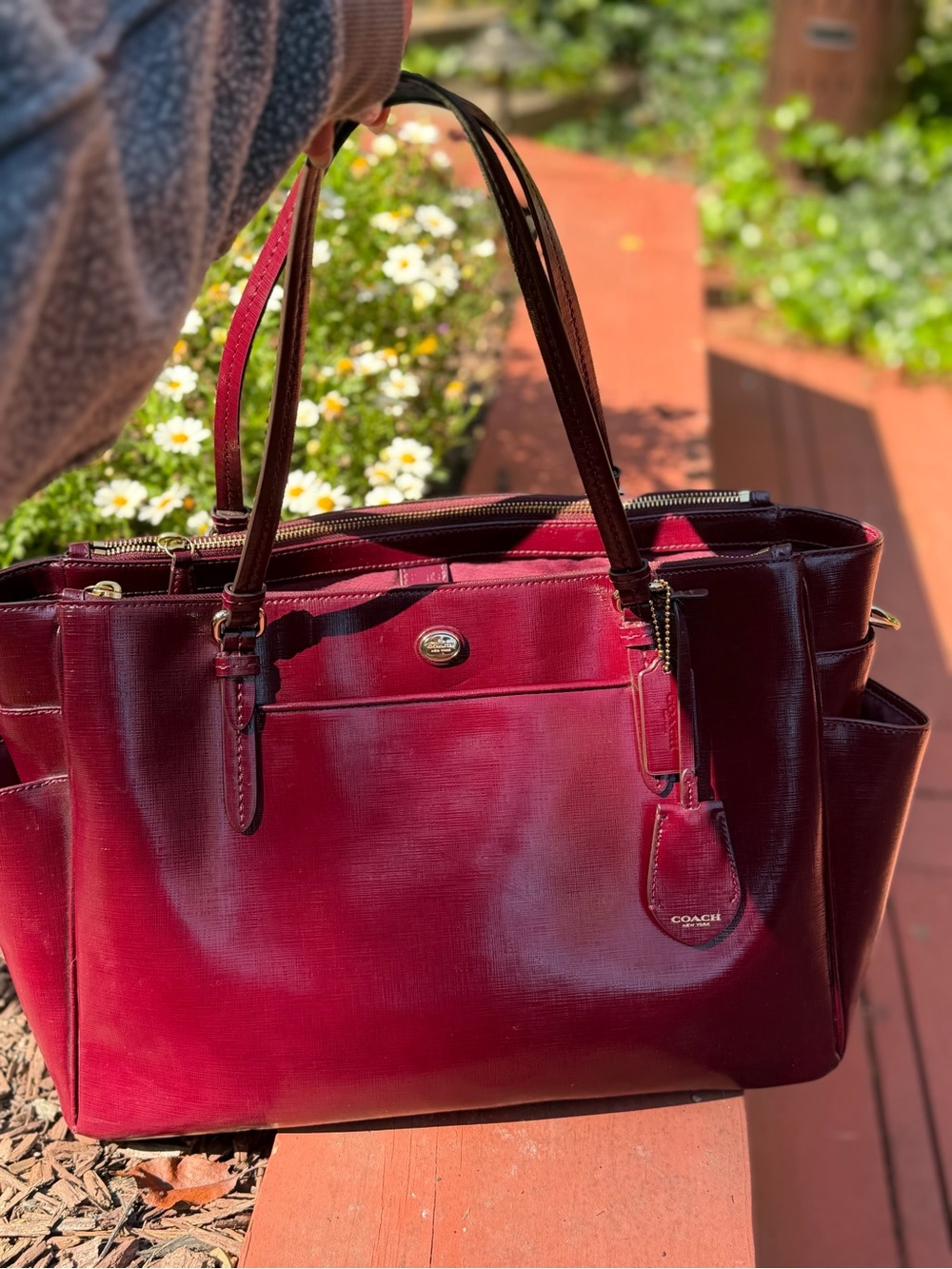 Coach Peyton Saffiano Paten Leather Jordan Zip Carryall Tote- Burgundy Merlot